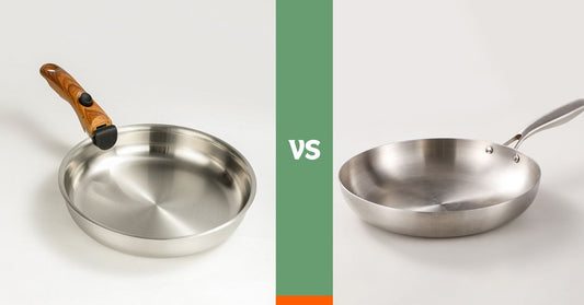 Comparaison entre une poêle inox à poignée amovible et une poêle inox à poignée fixe.