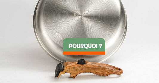 Poêle inox à manche amovible Poeleo utilisée en cuisine avec le manche retiré