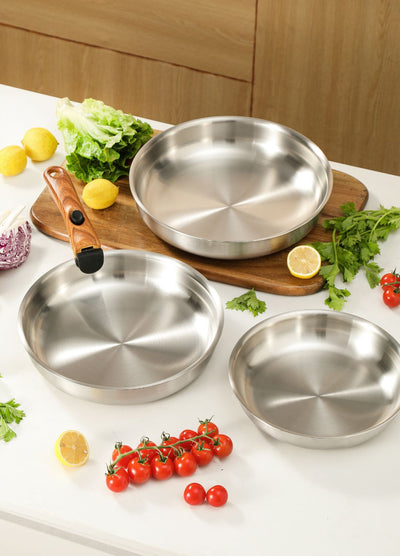 Pack de 3 poêles inox Poeleo avec poignée amovible