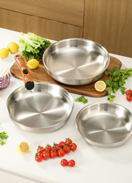 Pack de 3 poêles inox Poeleo avec poignée amovible